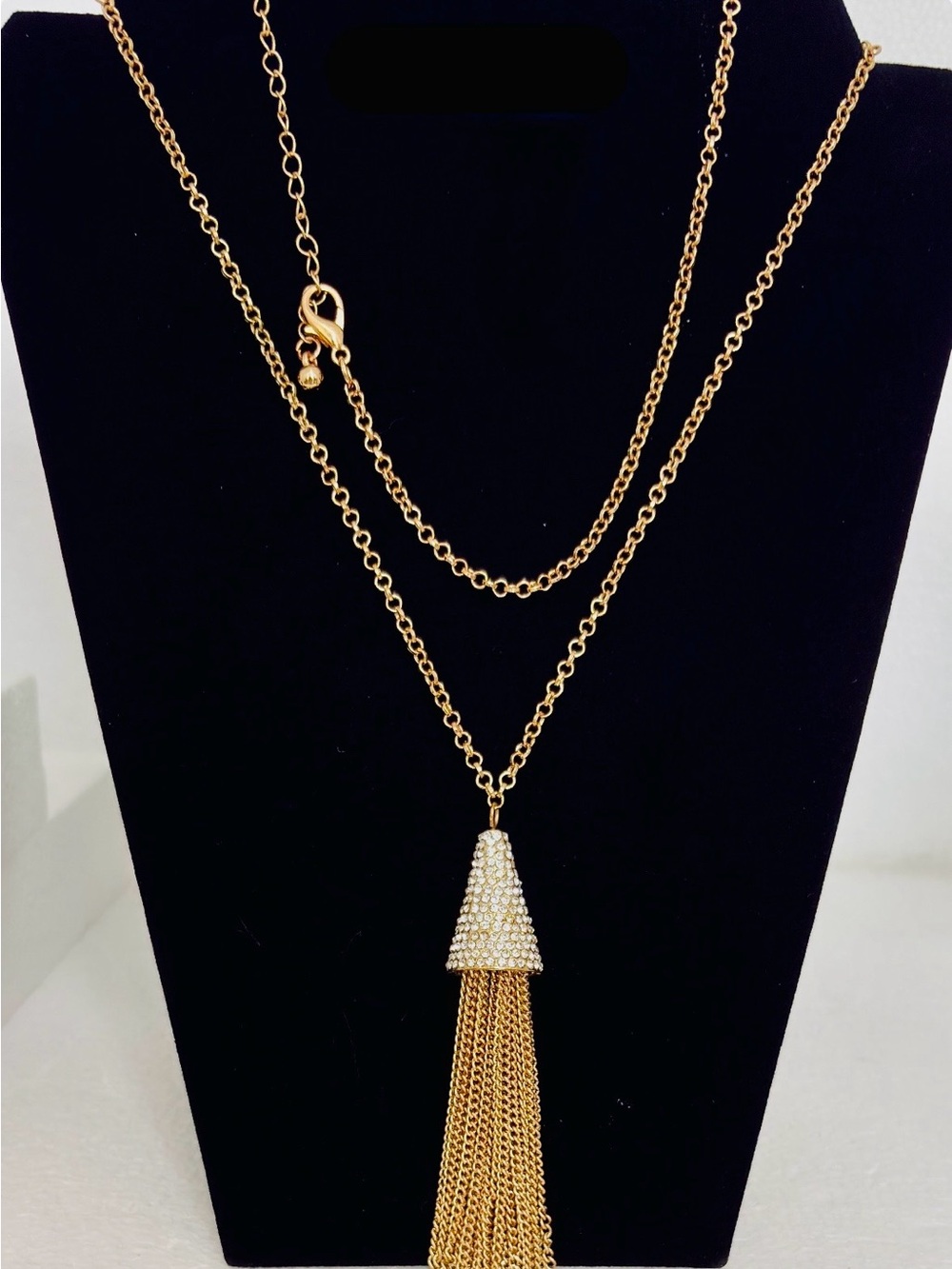 Gold Tone Tassel Statement Necklace 34" Chain Toggle Clasp Rhinestone Pave Cap